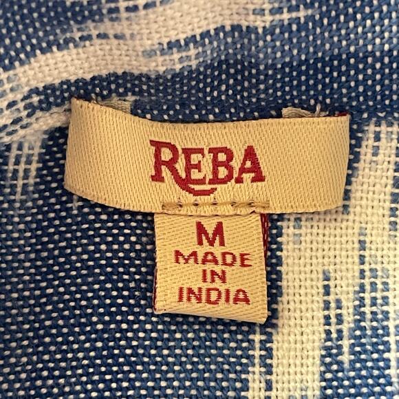 Reba Blue White Ikat Print Floral Embroidered Boho Top MEDIUM Peplum Western - Picture 8 of 10